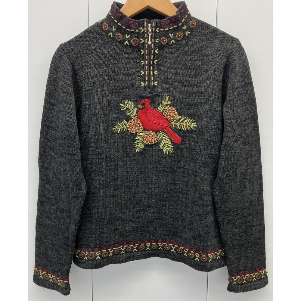 Orvis Embroidered Cardinal Pinecones 1/4 Zip‎ Mockneck Sweater Size Small Wool